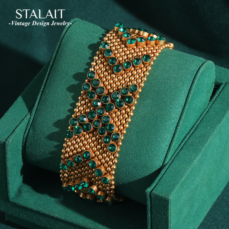 Luxury Watch Dubai - Vintage Green Rhinestone Bracelet 18k Gold