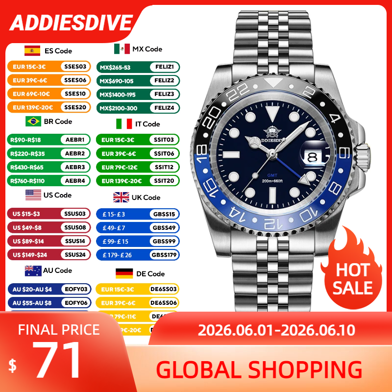 Luxury Watch Organizer For Men - ADDIESDIVE AD2050 Luxury GMT Watch Stainless